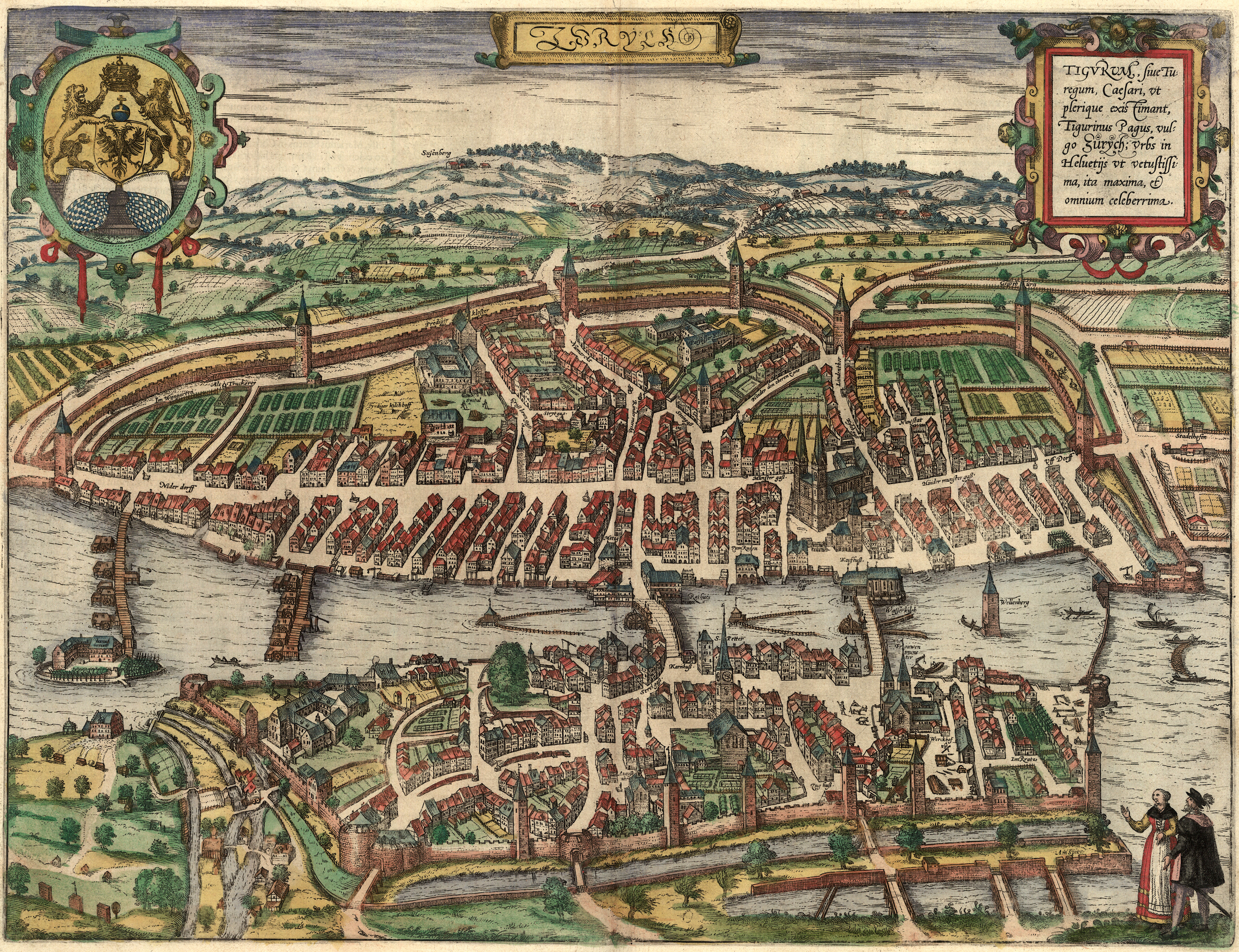 A 16th-century bird's-eye engraving of Zürich by Georg Braun and Frans Hogenberg from Civitates Orbis Terrarum.